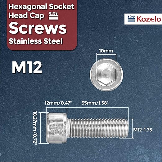 Kozelo 4pcs Socket Head Cap Screws - [M12-1.75 x 35mm] 304 Stainless Steel Allen Socket Drive for Electrical Motor 3D Printing Fan Engine Replacement Use, Silver
