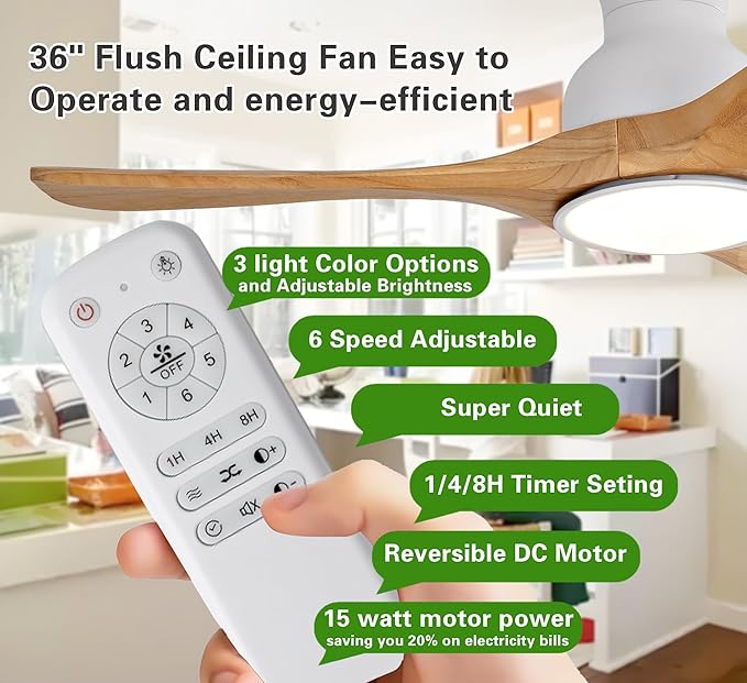 Gaizw Ceiling Fans with Lights, 36 inch Ceiling Fan with Remote Control, Wood 3 Blade Small Ceiling Light, Flush Mount Fans for Bedroom Dimmable,Noiseless Ventilation Fan