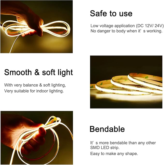 TUNICHX COB LED Strip Lights DC 12V LED Strip Flexible High Density UniformLED Strips,16.4ft 4000K Natural White,CRI 90+,2400LEDs Dimmable Lights for Home Room Decor(No Adapter or Controller)