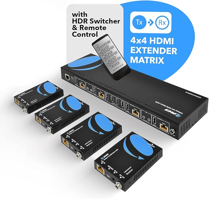 OREI 4K 4x4 HDMI Extender Matrix - UltraHD 4K @ 60Hz 4:4:4 Over Single CAT5e/6/7 Cable with HDR Switcher & IR Control, RS-232 - Up to 230 Ft - 1080P Downscale - 4 x Loop Out - 4 Receivers Included