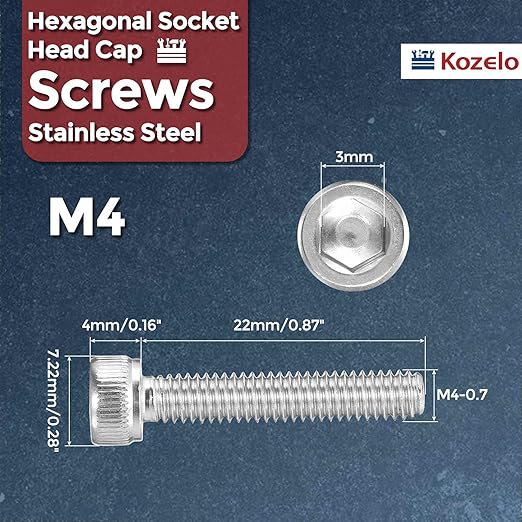 Kozelo 30pcs Socket Head Cap Screws - [M4-0.7 x 22mm] 304 Stainless Steel Allen Socket Drive for Electrical Motor 3D Printing Fan Engine Replacement Use, Silver