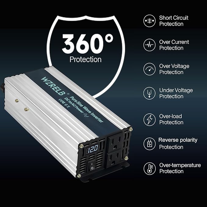 WZRELB 1000W Pure Sine Wave Inverter 12V DC to 110V 120V AC Power Converter with LED Display, Off-Grid Portable Power Inverter with 2 AC Outlets for Home, RV, Truck, Camping
