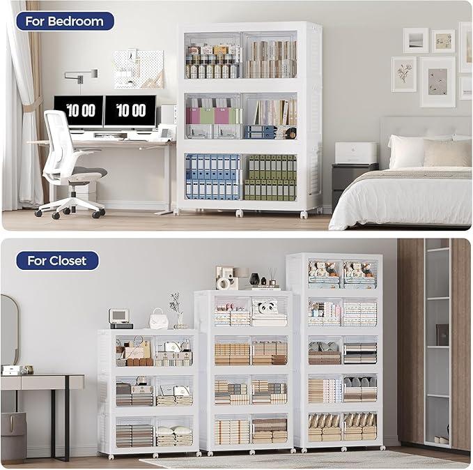 800 QT Extra Large Stackable Storage Bins with Lid, 200 Gal Collapsible Storage Box with Wheels, Folding Closet Organizers and Storage Cabinet with Doors for Home, Kitchen, Office, 5Pack White