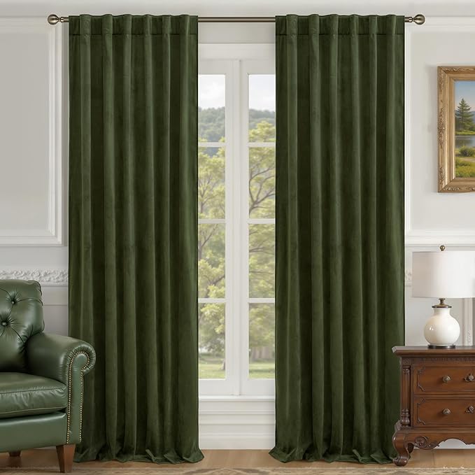 LAMIT Olive Green Velvet Curtains 120 Inch for Living Room, Thermal Insulated Blackout Curtains Luxury Room Darkening Back Tab and Rod Pocket Window Drapes for Bedroom, 2 Panels, 52 x 120 Inch