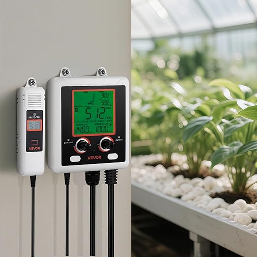 VEVOR Carbon Dioxide Monitoring Controller, Dual Outlets Carbon Dioxide Controller, CO2 Meter Monitor Day and Night Detection Feature, NDIR CO2 Sensor for Green House, Laboratories, Classrooms, Home