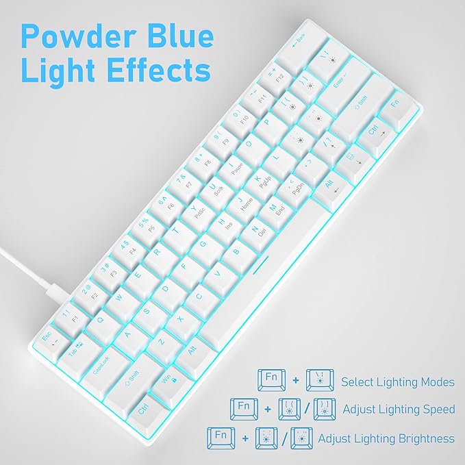 Camiysn 60% Mechanical Gaming Keyboard, White Gaming Keyboard with Red Switches, Detachable Type-C Cable Mini Keyboard with Blue LED Light for/PC/Laptop