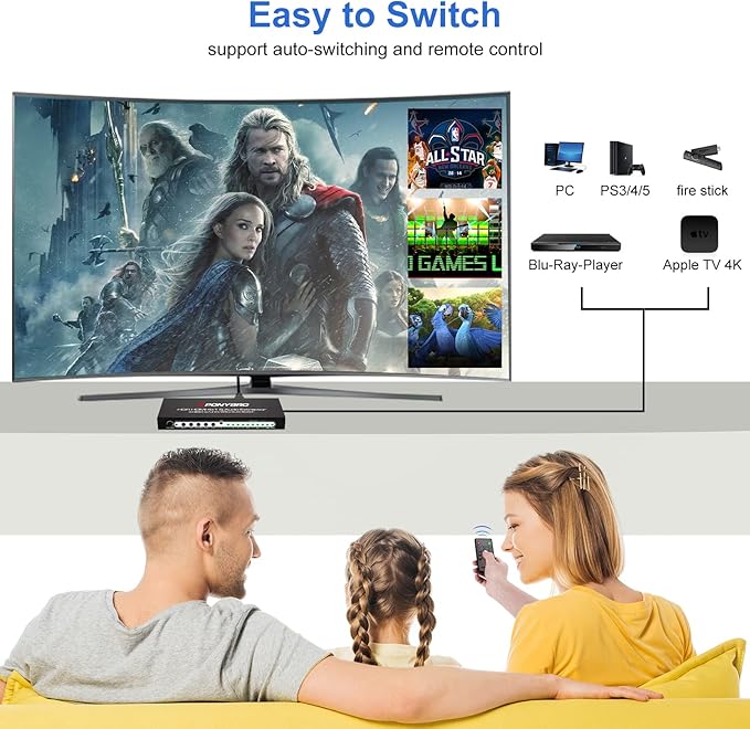PONYBRO HDMI 2.0 Switch 4 Port with Audio Extractor – 4K@60Hz HDR10, Optical/AUX/ARC Audio Output, Auto-Switching for PS5/Xbox/Soundbar, Dolby Digital & DTS Support, Remote Included.