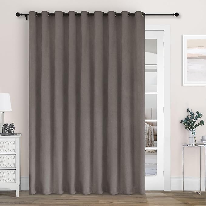 Macochico 100% Blackout Chenille Curtains for Sliding Door Thermal Insulated Noise Reducing Drapery for Living Room Bedroom Hotel, Grommet Curtains with Tieback, Stone Grey, 120" Wx96 L 1 Panel