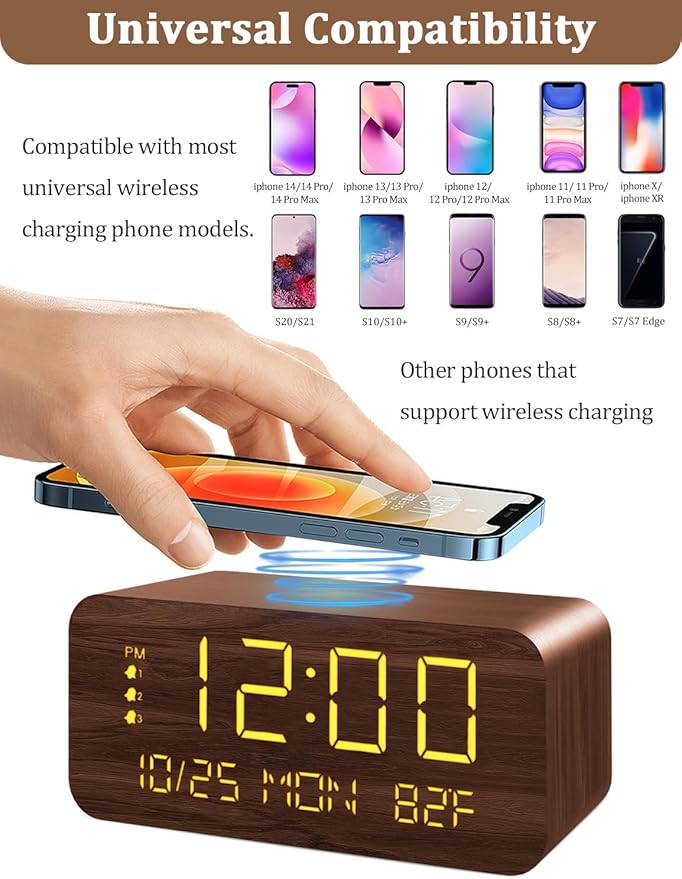 Digital Alarm Clock, with Wooden Electronic LED Time Display, 3 Alarm Settings, 10W Wireless charging, Day of the week, Temperature Detect, Wood Made Digital Clocks for Office, Bedroom, Bedside, Brown