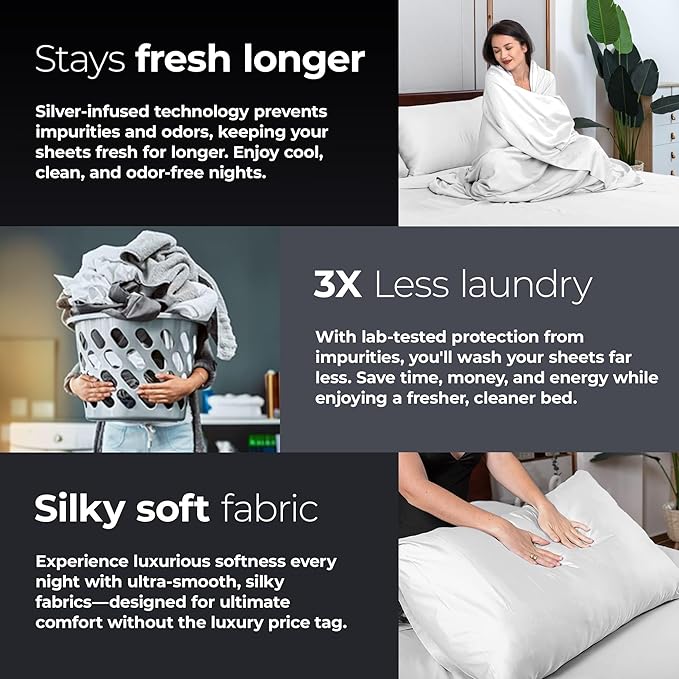 Silvery Silver Infused Bed Sheets Set - Award-Winning Self-Cooling Fabric with Self-Cleaning Silvery Technology™ That Stays Fresh 3X Longer for Hygienic Sleep (White, Queen)