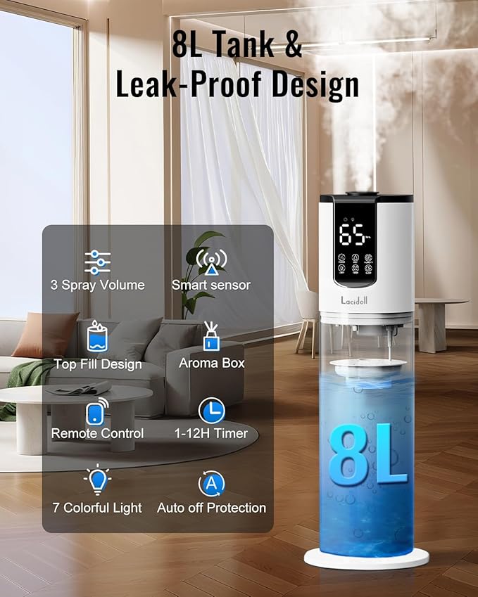 Lacidoll 8L Humidifiers for bedroom, Humidifiers large room up to 500 sq ft, Easy to Clean Humidifier with Fully Washable Parts, Ultrasonic Cool Mist Humidifier for Home Plants Baby Nursery Office