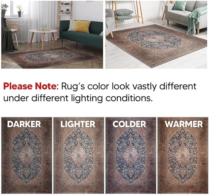 Keen Home Design 8x10 Rug - Machine Washable Area Rug with Non-Slip Backing, Ideal for Living Room, Dining Room, Bedroom - Vintage, Easy Clean, Durable, Low Pile Rug - (8' x 10')