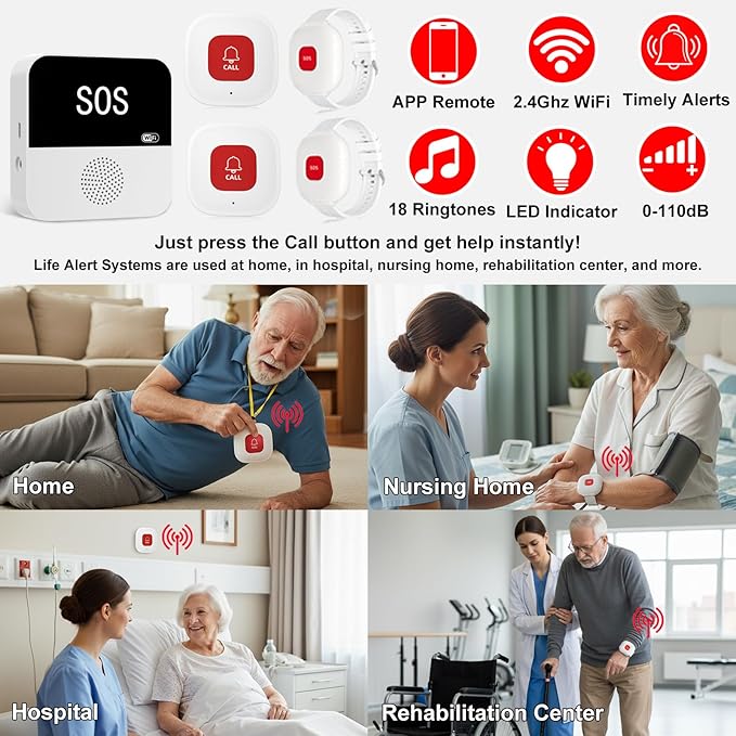 PerfeSafe Life Alert Systems for Seniors No Monthly Fee, Wi-Fi APP Control Wireless Caregiver Pager for Elderly at Home, Medical Alert Systems for Patients with 1 Receiver 2 Call Button 2 Watch Button