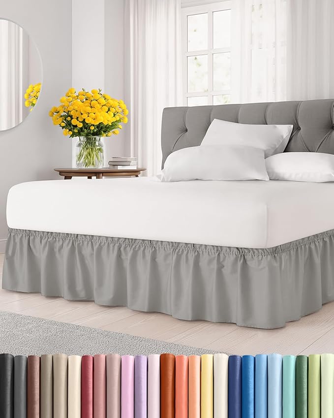 Wrap Around Dust Ruffle Bed Skirt - Light Grey - for King Size Beds w/ 16 Inch Drop - Easy Fit Elastic Strap - Adjustable Pleated Bedskirt with Brushed Fabric, Wrinkle Free Women, Men, Kids and Teens