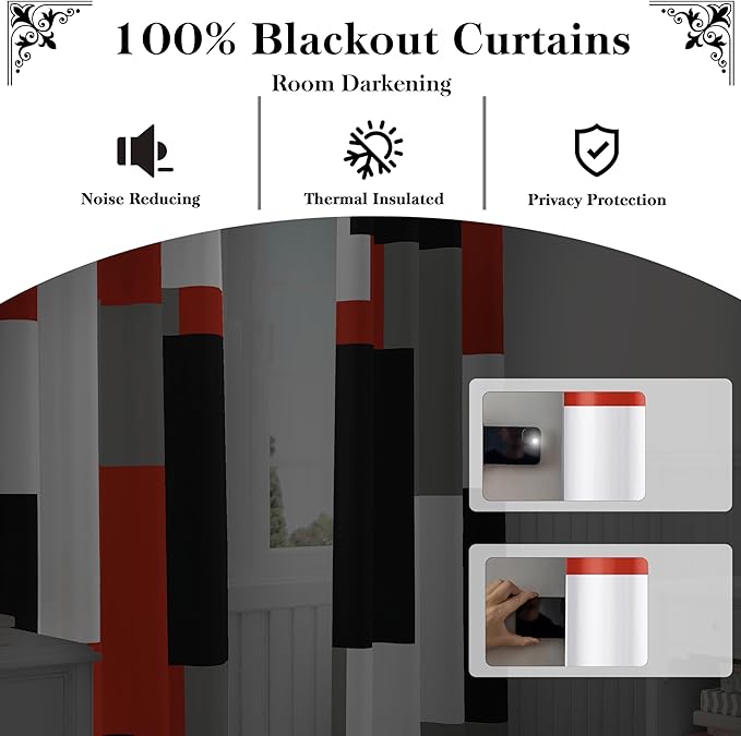 Red Black 100% Blackout Curtains for Bedroom 63 inch Length 2 Panels Set White Grey Modern Abstract Geometric Black Out Curtains Christmas Red Room Darkening Window Drapes Living Room, 52Wx63L
