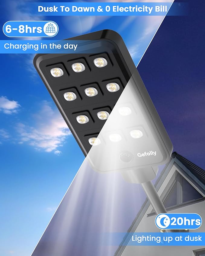 Gefolly G-13000W Solar Street Light Outdoor, Wide Angle Commercial Parking Lot Light Dusk to Dawn 6500K IP67 Flood Security with Motion Sensor Lamp for Yard, Basketball Court
