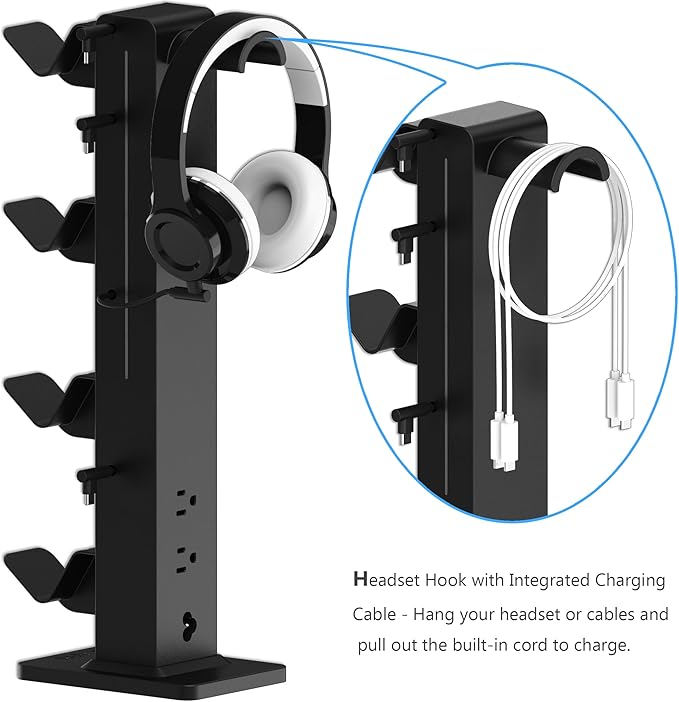 KAFRI RGB Gaming Headphone Stand with 8 Light Modes, Controller Holder for Desk - with Retractable Charger Cable - 2 Outlet Power & 4 Type-C Charging Port for PC Gamer Accessories(Black)