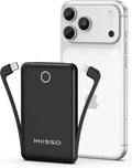 miisso 10000mAh Mini Portable Charger with Built in Cable, Pocket Size Power Bank Travel External Battery Pack for Phone, 3 Output USB Type C Cord Clutch Compatible with iPhone, Samsung, Black