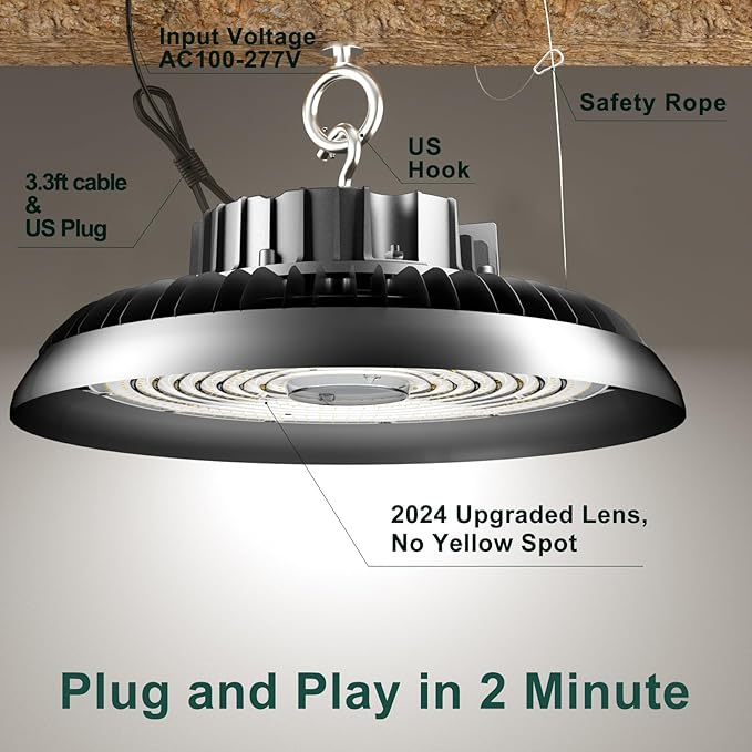 ACOHOOK LED High Bay Light 420W 60000lm 5000K High Bay LED Shop Lights with US Plug, AC100-277V UFO Commercial Bay Lighting for 30-55FT Height -2Pack