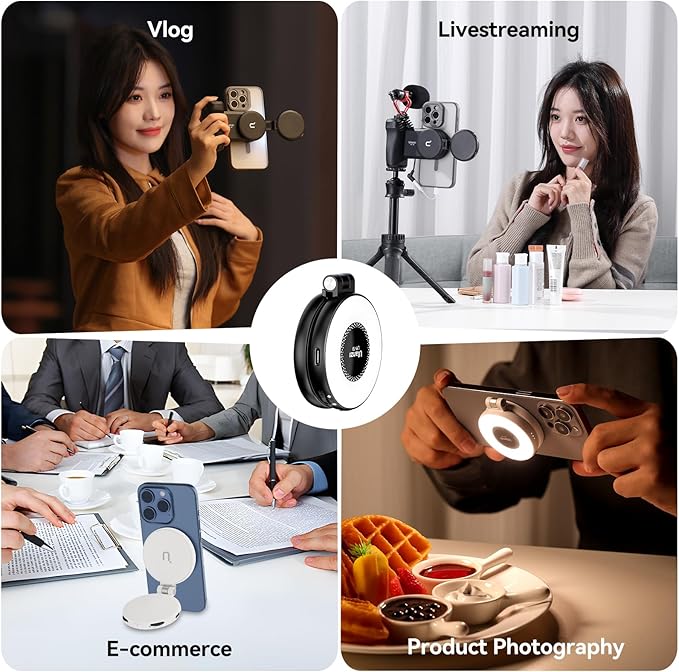 Fill Light for Magsafe LED Phone Light Attachment Selfie Ring Light Brightness Adjustable Compatible w Magsafe for iPhone Smartphone Vlogs/Photography/Video Conference Color Black