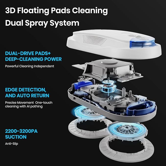 KKI Window Cleaning Robot, Auto Window Cleaner Robot, Dual Spray, Max 3200Pa, AI Path Planning & Edge Detection, Remote Control for High-Rise Windows, Glass Door,10xCloths, X3 (White)