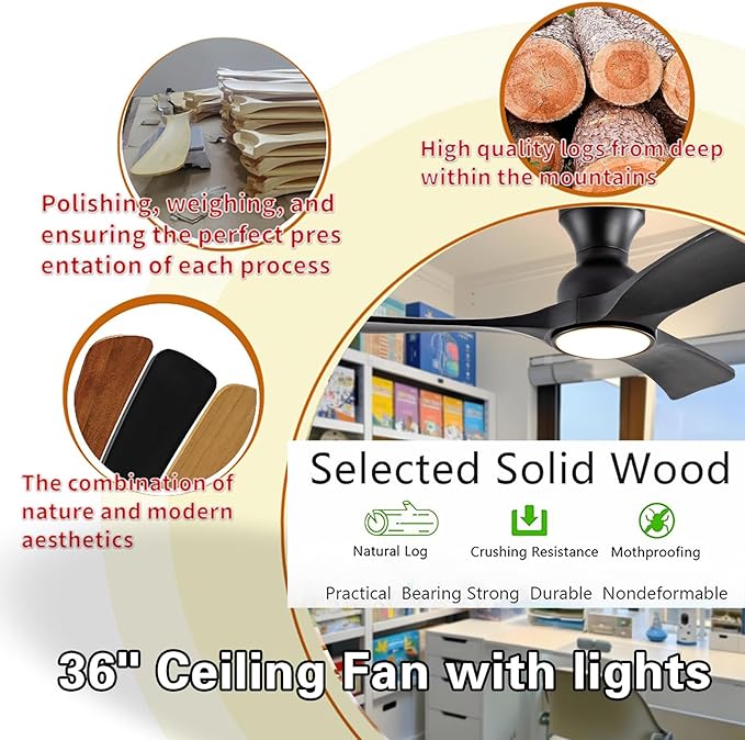 Gaizw 36 Inch Black Ceiling Fans with Lights, Flush Mount Ceiling Fan with Light, Modern Smart Wood Fan Light, 6-Speed Remote Control, Quiet Reversible Motor, Fans for Bedroom Study Room and Garage