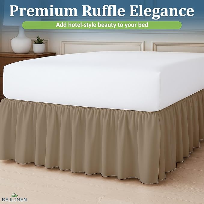 Rajlinen Ruffled Bed Skirt California King, 8 Inch Drop Dust Ruffle with Split Corners, 100% Microfiber Bedskirt with Platform, Three-Sided Coverage Ruffled Gathering Design, Taupe