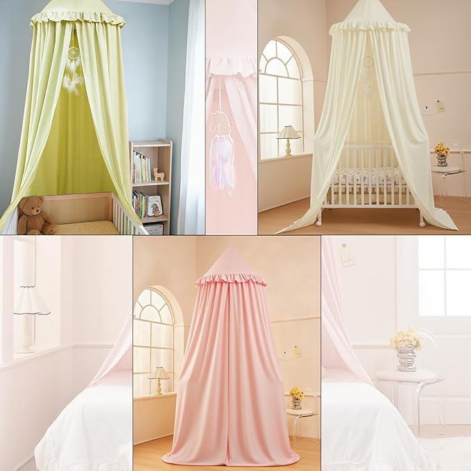 Akiky Kids Bed Canopy for Crib & Twin Size with Ruffles Dreamcatcher, Princess Girls Nursery Room Decor Toddler Baby Dome Round Hanging Tent Curtains Skirt Over Bed Reading Nook Play Tents Ivory