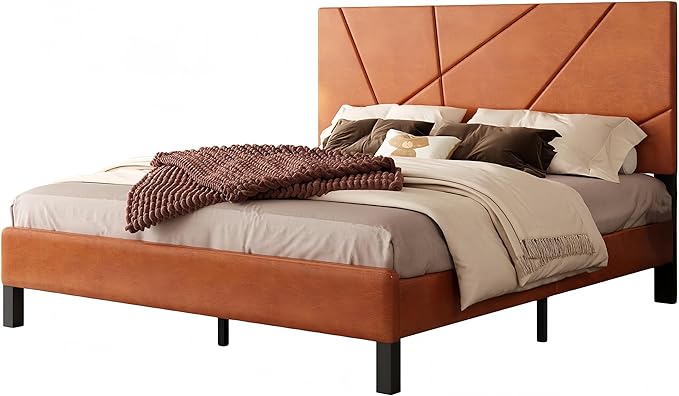 Upholstered King Size Platform Bed Frame with Faux Leather Padded Headboard, Sturdy Metal Slats Support, No Box Spring Needed, Vintage Brown