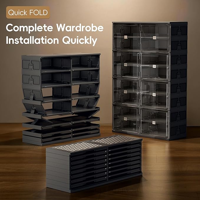 JEKO&JEKO 5-Tier Foldable Shoe Storage Cabinet with Magnetic Doors, Large Stackable Shoe Organizer Cabinet for Entryway, Clear Front Door Shoe Boxes Hold Up to 20 Pairs (Black)