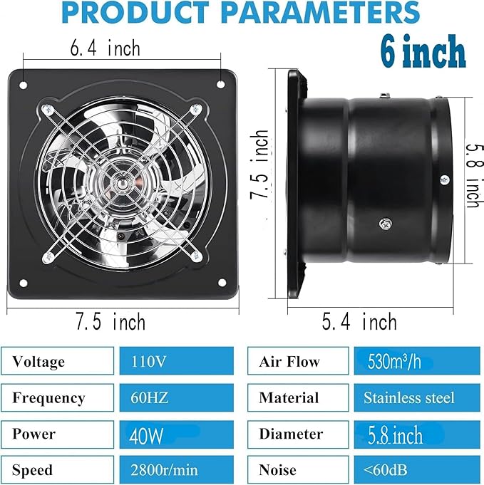 Aydomer Exhaust Fan 40W Through-wall installation Ventilation Fans 110V Exhaust Fan with Plug 6 inch Exhaust Smoke Fan with Pure Copper Motor for Kitchen Shopping Mall (Black)