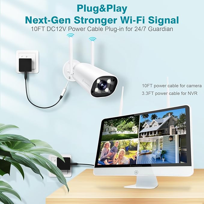 Cromorc Wireless Security Camera System with 16" Monitor Motion Detection Night Vision 2-Way Audio 4 Indoor Outdoor 5MP Camera Expandable 16CH NVR Home Business Surveillance Spotlight Siren 3TB HDD