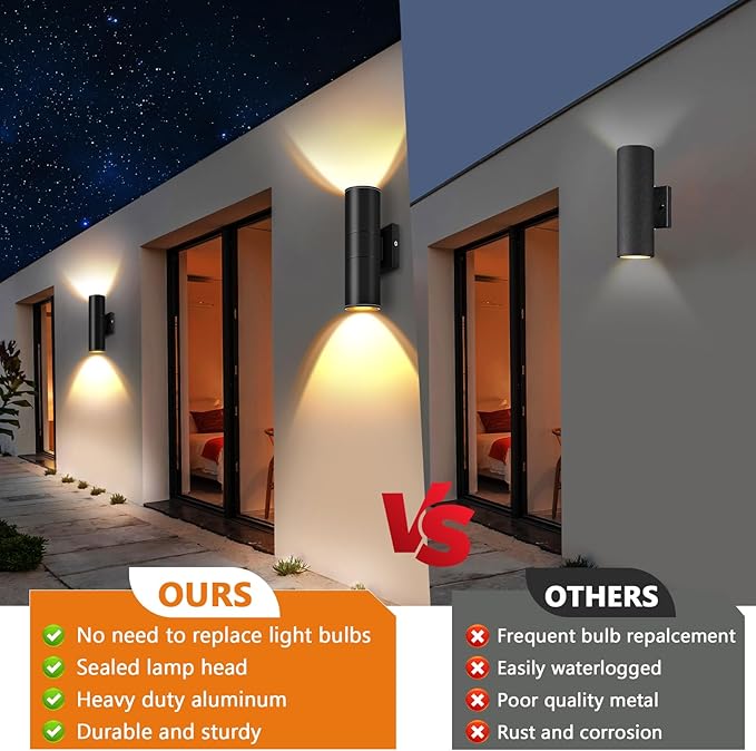 RIDALUX Outdoor Wall Light Fixtures Waterproof: Exterior Cylinder Fixtures Wall Sconce with LED Up Down - 12W Modern Aluminum Waterproof Light