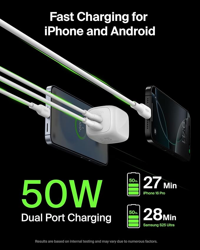 Belkin 2-Port USB C Charger Block 50W, Dual-Port GaN Charger w/ 2x USB C Ports, Fast Charging for MacBook, iPhone 17, iPad Pro, Chromebook, Galaxy S25 Ultra, Pixel 10, etc. - Travel Essentials - White