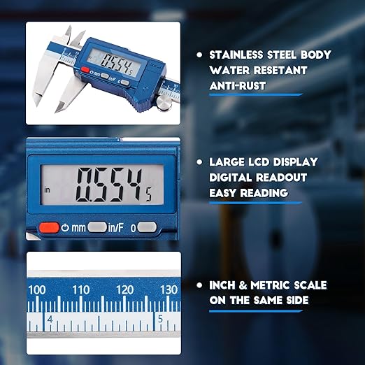 Dasqua 6” IP54 Digital Caliper, Stainless Steel Water-Resistant Precision Measuring Tool with Large LCD, Inch/Metric/Fraction Switch, Resolution 0.0005"/0.01mm/1/128, Accuracy ±0.001"/0.02mm