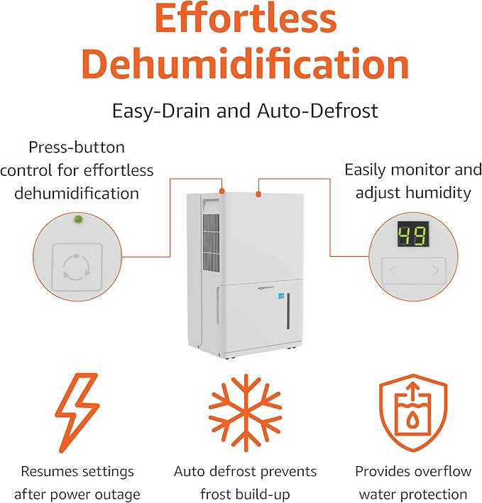 Amazon Basics Dehumidifier with Drain Pump, 50-Pint, Energy Star Certified, for Basement, Bathroom and Other Rooms Up to 4000 SFT, with Timer, auto-defrost, Overflow Protection, White