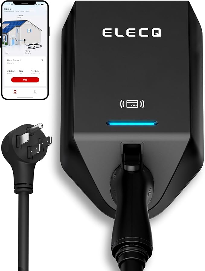 ELECQ Smart Level 2 EV Charger, Active Load Management, Solar EV Charging Mode, Wi-Fi Enabled, OCPP Compatible & Future-Proof, 40A NEMA 14-50 Plug-in EV Charger for Home with J1772 Connector