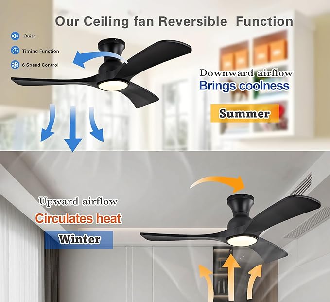 Gaizw 36 Inch Black Ceiling Fans with Lights, Flush Mount Ceiling Fan with Light, Modern Smart Wood Fan Light, 6-Speed Remote Control, Quiet Reversible Motor, Fans for Bedroom Study Room and Garage