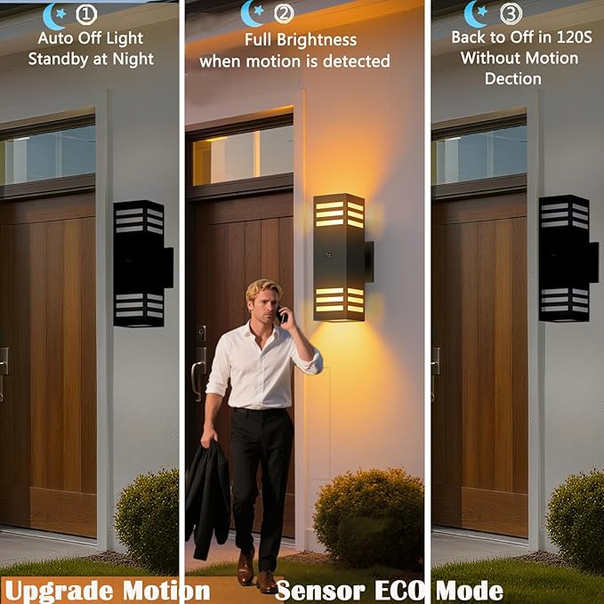 Motion Sensor Outdoor Wall Lights, Dusk to Dawn Exterior Light Fixture with 3 Modes, Waterproof Modern Dimmable Porch Light with Up Down Lighting for Patio, Garage, Front Door, Matte Black, 2Pack