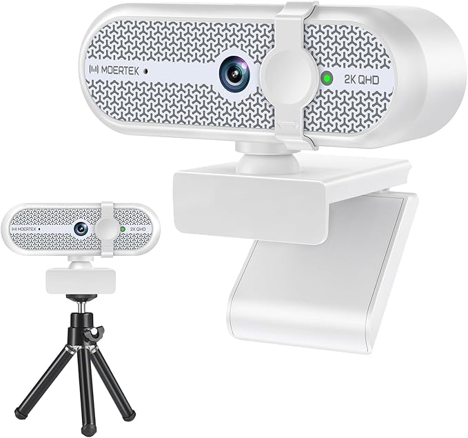 MOERTEK 2K Webcam for PC, Webcam with Microphone and Tripod, Auto Light Correction, USB Camera Plug and Play, 90° Wide FOV, Privacy Cover, Works with Skype, Zoom, Meet, Teams, PC, Laptop, Mac, Tablet