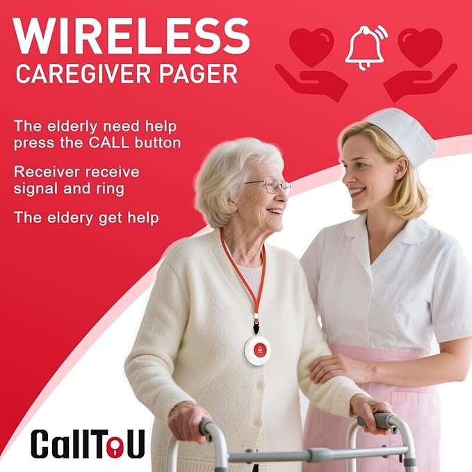 CallToU Caregiver Pager Wireless Call Button Smart Bell Alert System for Elderly Home Patient Seniors Nurse 4 Portable Waterproof Transmitters 1 Plugin Receiver