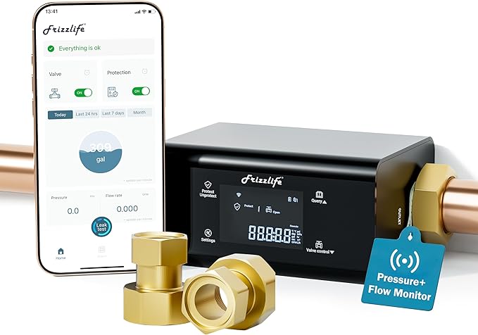Frizzlife LP365-P 1.25-Inch Smart Water Monitor and Automatic Shutoff - 0.01GPM Ultrasonic Micro Leak Detection, APP Wi-Fi Remote Control,Pressure+Flow Monitoring, for 1-1/4-Inch Diameter Pipe