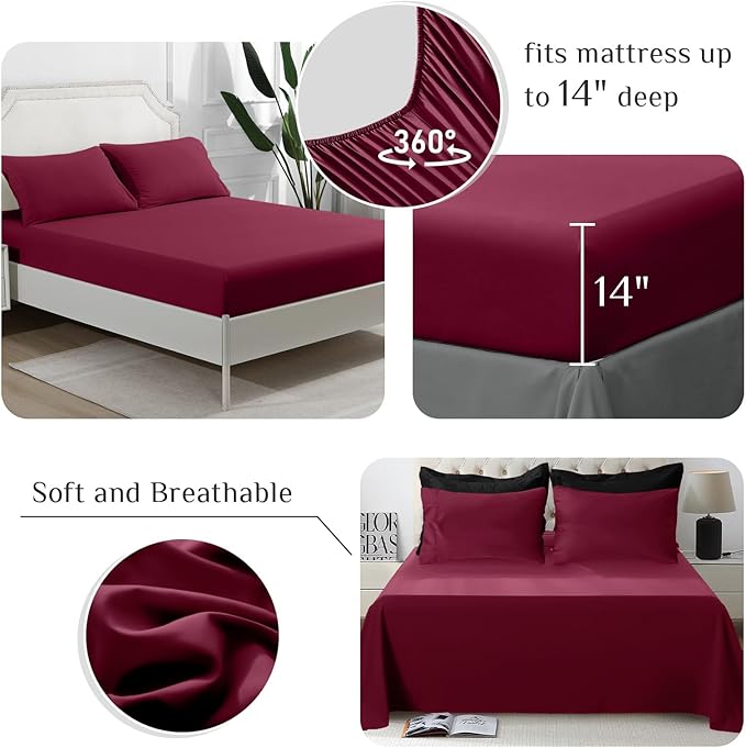JOLLYVOGUE Full Comforter Set, Ultra-Soft Bed in a Bag Full Size 7 Pieces, Oeko-TEX Certified Bedding Set with Down Alternative Comforter, Sheets, Pillowcases & Shams, Burgundy & Black