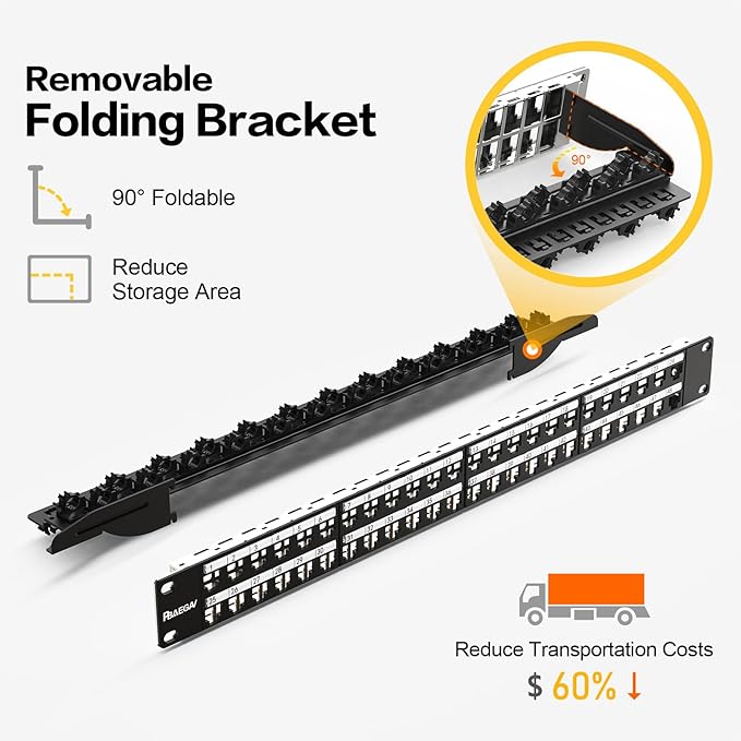 PBAEGAV 48 Port Patch Panel Blank UTP/STP 1U 19" Keystone Patch Panel with Cable Management and Support Bar Compatible with LC/SC/ST/FC/USB/HDMI Keystone Jack(48 Port)