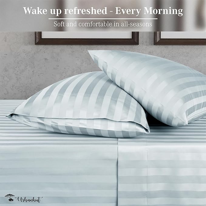 URBANHUT 800 Thread Count 100% Cotton Damask Twin Size Sheets, 4 Piece Striped Twin Size Bedsheets, Luxury Hotel Sheets Sateen Weave - Better Than Egyptian, 14" Elasticized Deep Pocket- Light Blue