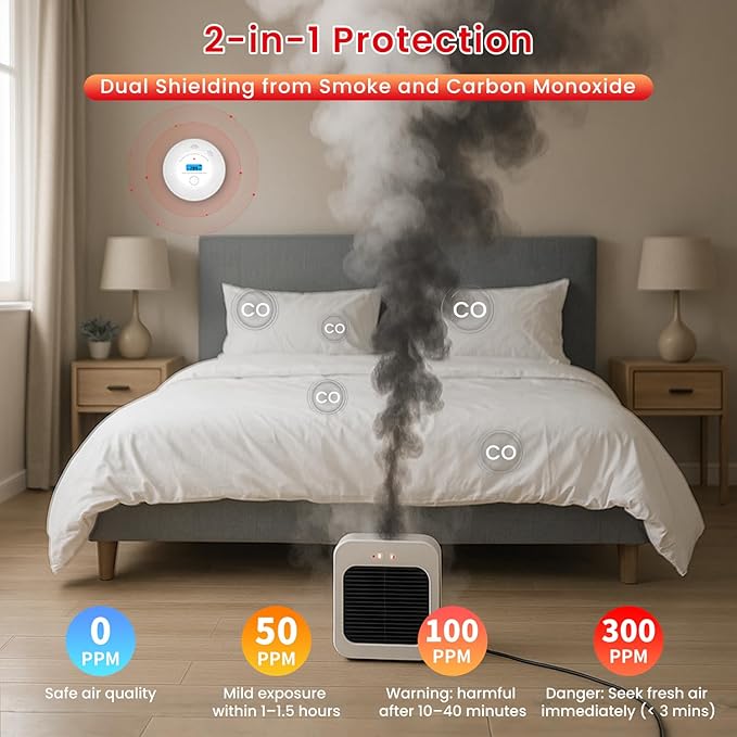 Alertlink 2-in-1 Smoke and Carbon Monoxide Detector Alarm, with Voice Alert,10-Year Battery Fire & CO Alarm with Large LCD Display, Easy Install with Adhesive or Screws