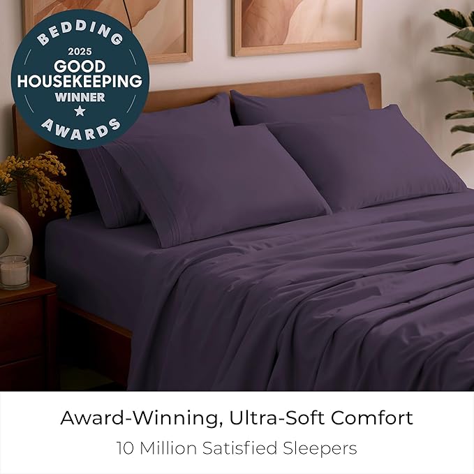 Mellanni Split King Sheet Set - 7-Piece Iconic Collection Bedding, (Including 4 Pillowcases), 16-Inch Deep Pocket, Easy Care, Extra Soft, Cooling Sheets, Brushed Microfiber - Purple