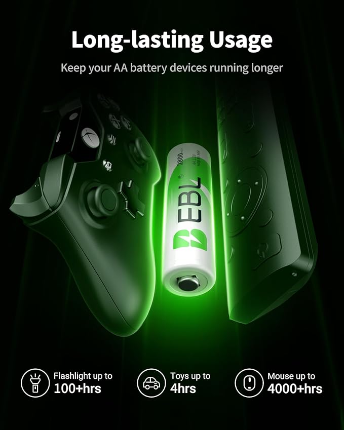 EBL 4-Bay Battery Charger for AA & AAA Rechargeable Batteries with Rechargeable AA NiMh Batteries, 4 Count, Battery Charger with Foldable Wall Plug