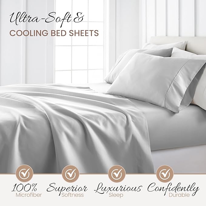 Linen Market Brushed Microfiber King Sheet Set 4 Piece – Oeko-TEX Certified Ultra Soft & Wrinkle-Free - 16" Deep Pocket Sheets - Easy Care King Size - Light Gray