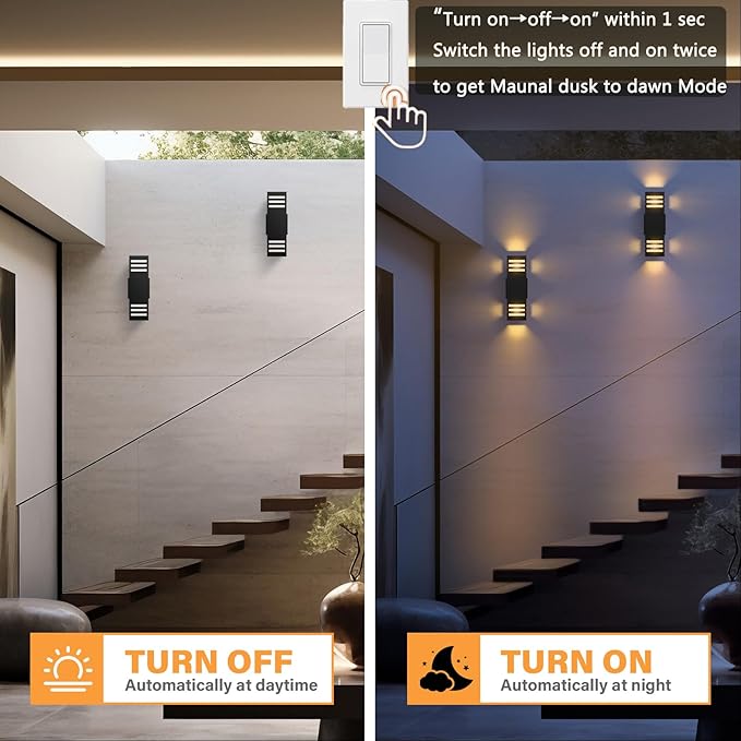 Motion Sensor Outdoor Wall Lights, Dusk to Dawn Exterior Light Fixture with 3 Modes, Waterproof Modern Dimmable Porch Light with Up Down Lighting for Patio, Garage, Front Door, Matte Black, 2Pack